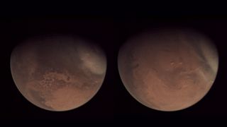 Happy (Martian) new year! A new year on Mars began yesterday Feb. 7, 2021 and these images show the planet shifting over into the new year. The image on the left was taken Feb. 6 and the image on the right was taken Feb. 1, both captured by the Visual Monitoring Camera aboard the European Space Agency's Mars Express orbiting probe. Years on Mars last about 687 Earth days, as the planet takes almost twice as long to orbit the sun. This new Mars year is designated Mars Year 36.