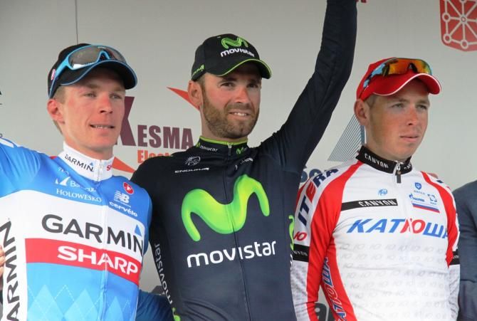 The GP Migel Indurain podium: Tom-Jelte Slagter, Alejandro Valverde and Sergei Chernetskiy