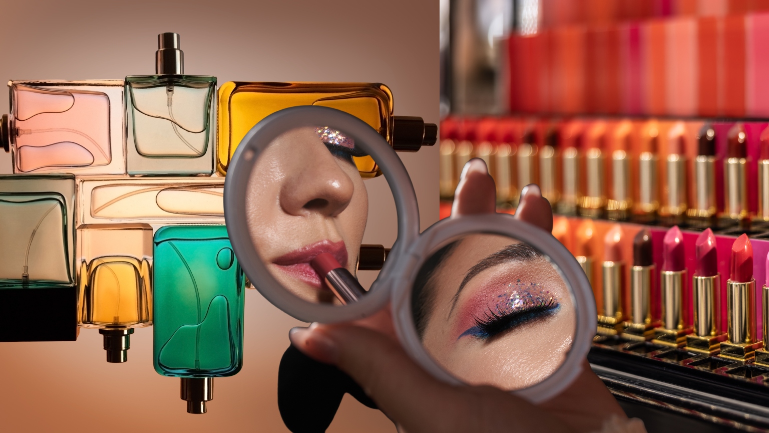 a woman holding a makeup compact over a collection of perfume bottles and lipsticks