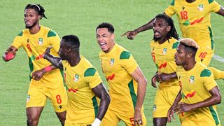 Benin's players celebrate after scoring their first goal during the Morocco 2025 Africa Cup of Nations Group D qualification football match between Nigeria and Benin at the Houphouet Boigny stadium in Abidjan, on November 14, 2024.
