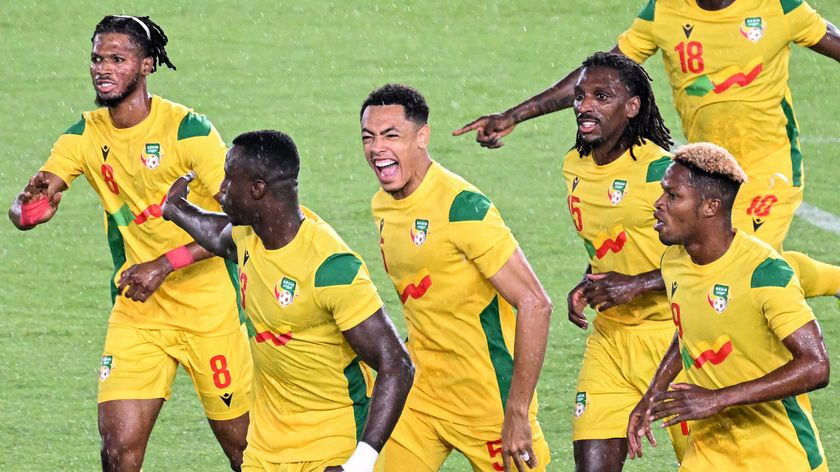 Benin&#039;s players celebrate after scoring their first goal during the Morocco 2025 Africa Cup of Nations Group D qualification football match between Nigeria and Benin at the Houphouet Boigny stadium in Abidjan, on November 14, 2024. 