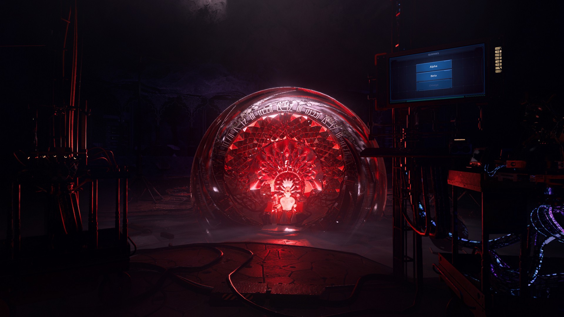 The player looks at a glowing, prismatic, part-buried orb in Ontos within a room covered in a light mist on the floor. Computers are nearby, with one displaying a menu listing 'Alpha, Beta, Omega', with 'Omega' greyed out.