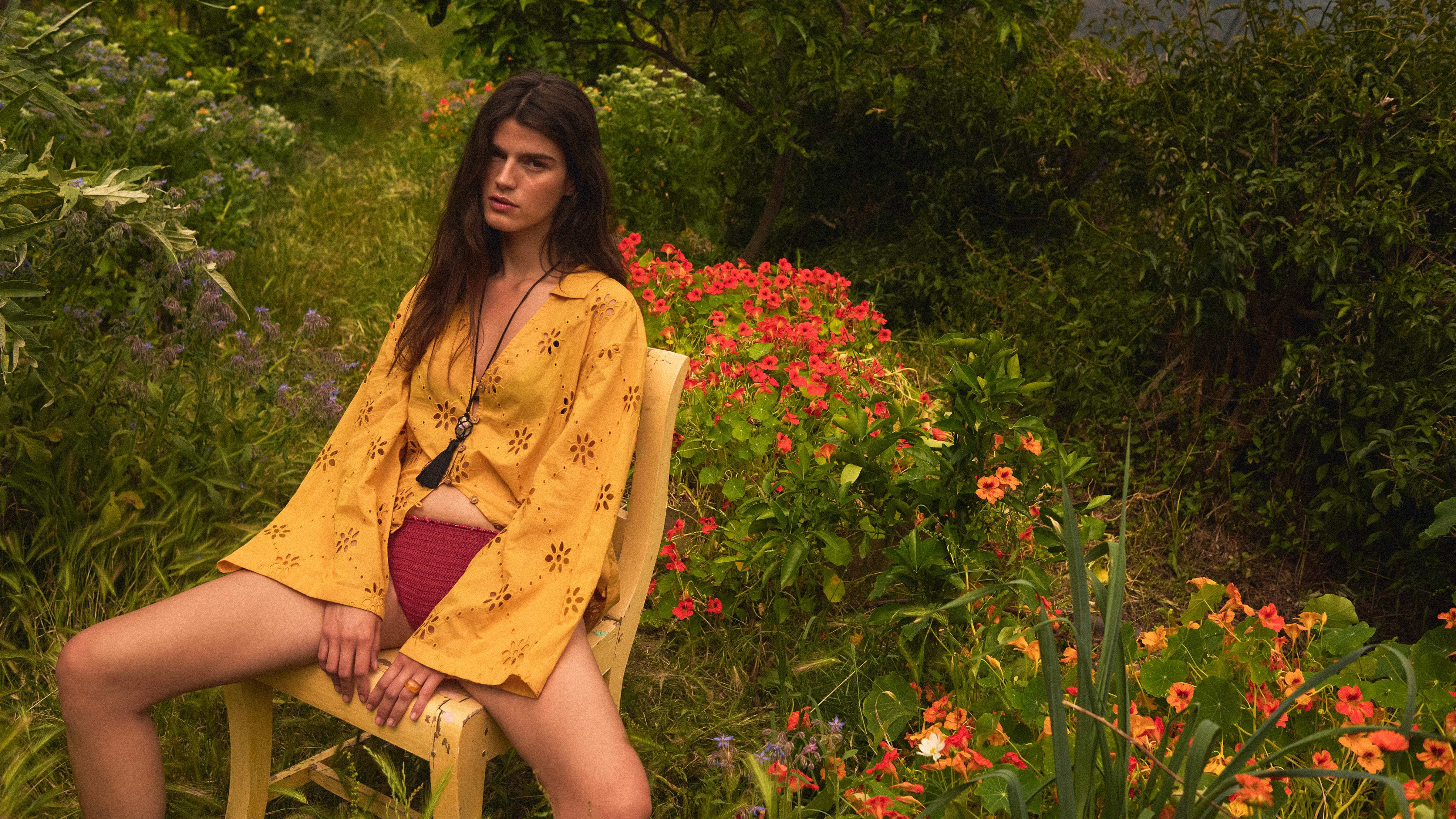 Model wearing clothing from the Matthew Williamson x Free People capsule collection 2026.