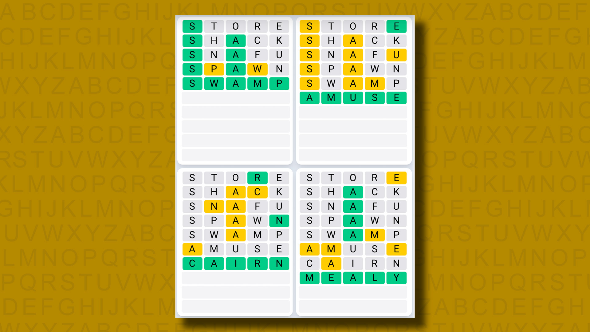 Quordle Daily Sequence answers for game 1089 on a yellow background