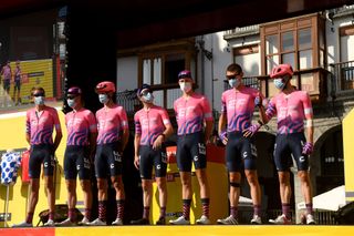 SUANCES SPAIN OCTOBER 30 Start Hugh Carthy of The United Kingdom Mitchell Docker of Australia Magnus Cort Nielsen of Denmark Logan Owen of The United States Julius Van Den Berg of The Netherlands Tejay Van Garderen of The United States and Michael Woods of Canada and Team EF Pro Cycling Mask Covid safety measures Team Presentation during the 75th Tour of Spain 2020 Stage 10 a 185km stage from Castro Urdiales to Suances lavuelta LaVuelta20 La Vuelta on October 30 2020 in Suances Spain Photo by David RamosGetty Images
