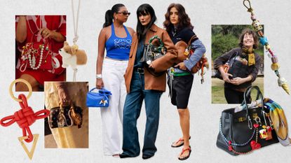 A collage graphic of Fashion Week guests carrying handbags adorned with bag charms, Jane Birkin with an accessorized Hermes Birkin bag, keychains, bag charms