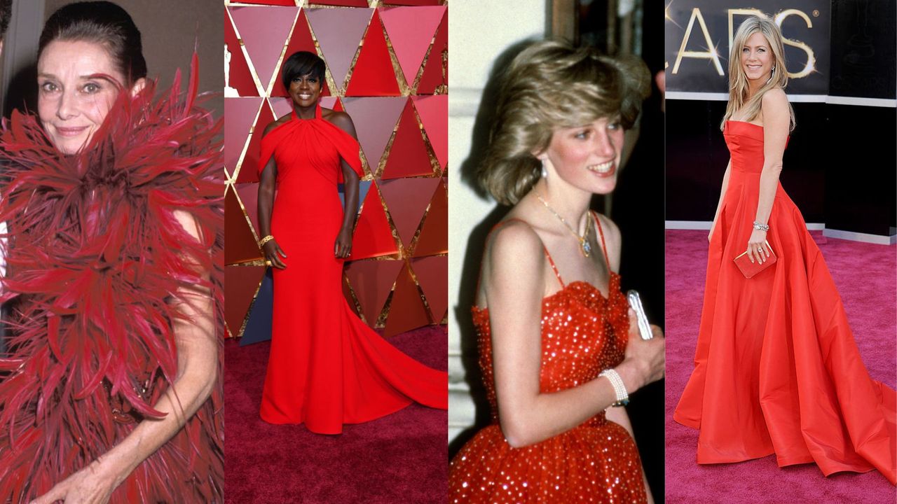 Celebrities in red dresses. L-R: Audrey Hepburn during Hubert DeGivenchy receives the state of California&#039;s First Lifetime Achievement Awards - Black Tie Gala at Beverly Wilshire Hotel in Beverly Hills, California, Viola Davis attends the 89th Annual Academy Awards at Hollywood &amp; Highland Center on February 26, 2017 in Hollywood, California, Princess Diana attending the Royal Opera House on December *, 1082, London, England, Jennifer Aniston arrives at the Oscars at Hollywood &amp; Highland Center on February 24, 2013 in Hollywood, California.