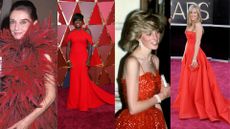 Celebrities in red dresses. L-R: Audrey Hepburn during Hubert DeGivenchy receives the state of California's First Lifetime Achievement Awards - Black Tie Gala at Beverly Wilshire Hotel in Beverly Hills, California, Viola Davis attends the 89th Annual Academy Awards at Hollywood & Highland Center on February 26, 2017 in Hollywood, California, Princess Diana attending the Royal Opera House on December *, 1082, London, England, Jennifer Aniston arrives at the Oscars at Hollywood & Highland Center on February 24, 2013 in Hollywood, California.
