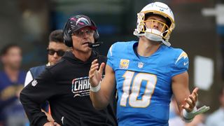 Los Angeles Chargers head coach Jim Harbaugh and quarterback Justin Herbert