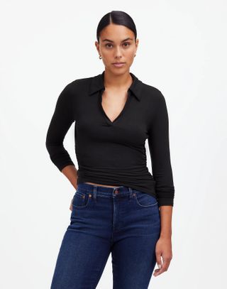 MW, Side-Cinch Long-Sleeve Polo Top