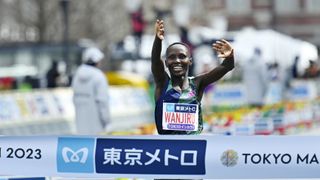 Rosemary Wanjiru crosses the finish line of the Tokyo Marathon 2023, winning the Elite Women race