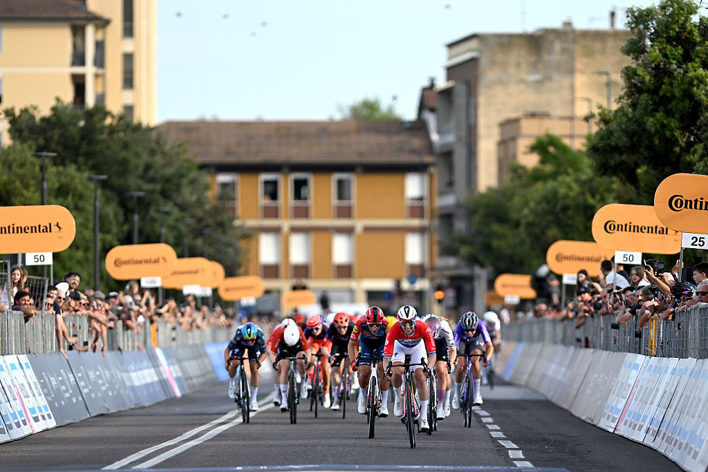 RAVENNA, ITALY - MAY 30: A general view of Lorena Wiebes of Netherlands and Team SD Worx - Protime, Elisa Balsamo of Italy and Team Lidl - Trek, Lara Gillespie of Ireland and UAE Team ADQ sprint at finish line during the 37th Giro d'Italia Women 2026, Stage 1 a 139km stage from Cesenatico to Ravenna / #UCIWWT / on May 30, 2026 in Ravenna, Italy. (Photo by Luc Claessen/Getty Images)