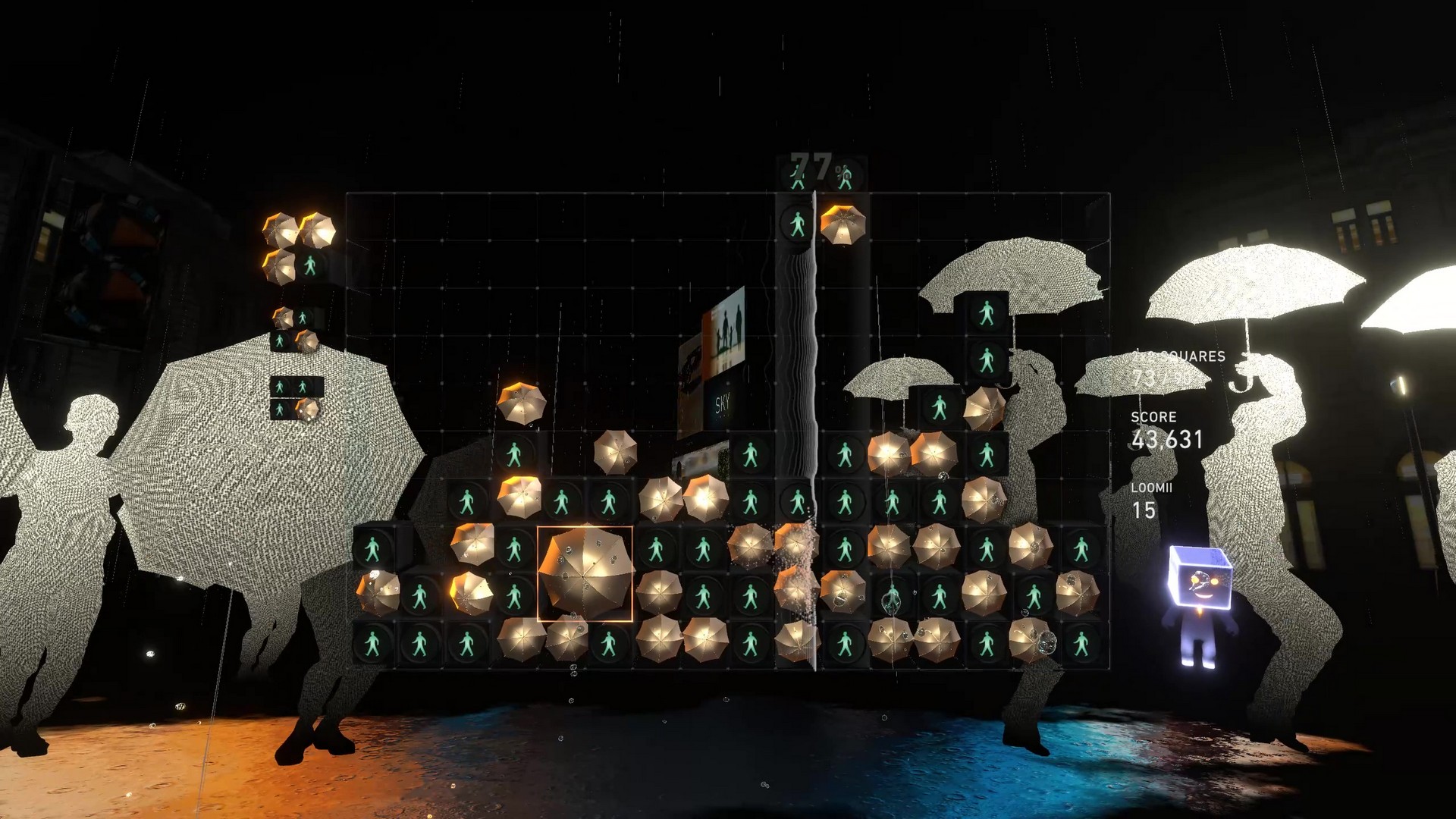 Matching umbrella and traffic light blocks in Lumines Arise as figures dance in the rain in the background