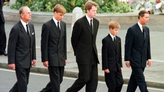 (L to R) The Duke of Edinburgh, Prince William, Earl Spencer, Prince Harry and Prince Charles walk outside Westminster Abbey during the funeral service for Diana, Princess of Wales, 06 September. Hundreds of thousands of mourners lined the streets of Central London to watch the funeral procession. The Princess died last week in a car crash in Paris. (Photo credit should read JEFF J. MITCHELL/AFP via Getty Images)