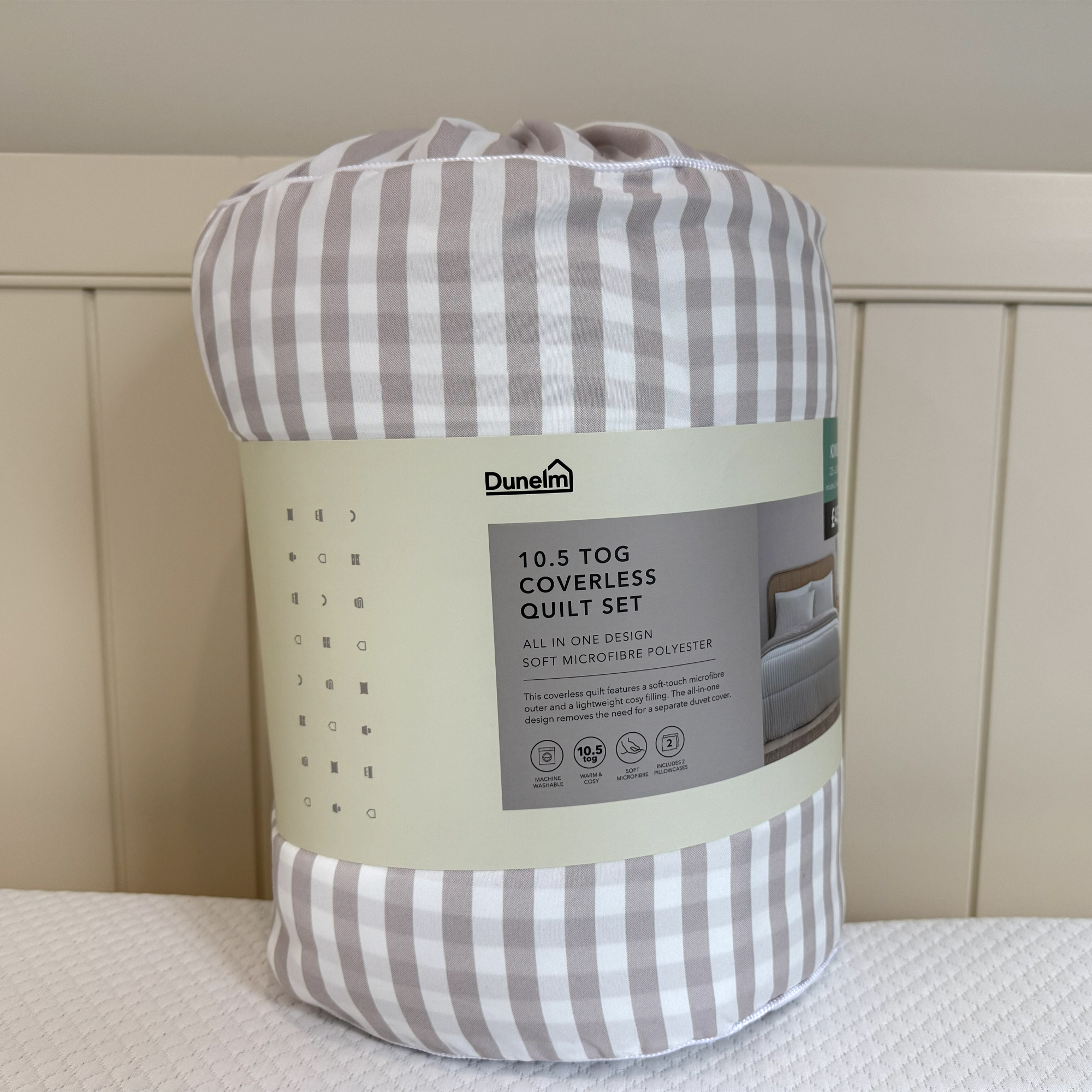 Dunelm striped coverless duvet being tested at home