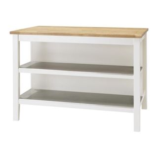 Stenstorp Kitchen Island white with two long shelves and a light brown top