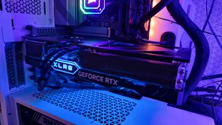 PNY GeForce RTX 4070 Ti installed in a gaming PC, showing the lovely design and RGB lighting