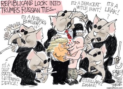 Political Cartoon U.S. Trump Russia ties Republicans White House leaks Hillary emails