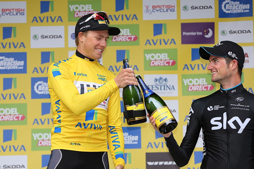 Edvald Boasson Hagen and Wout Poels toast their Tour of Britain success