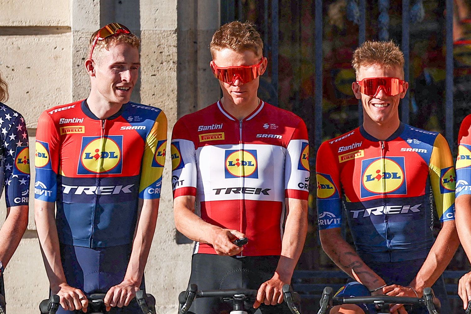 National champions jerseys during the official teams presentation days prior to the start of the 112th edition of the Tour de France cycling race, in Lille, northern France, on July 3, 2025. (Photo by Anne-Christine POUJOULAT / AFP)