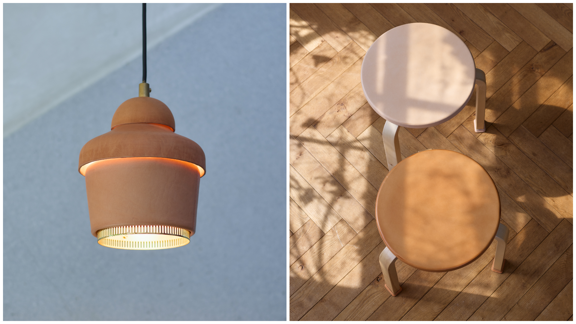 Artek lamp and stools reimagined with leather by Hender Scheme