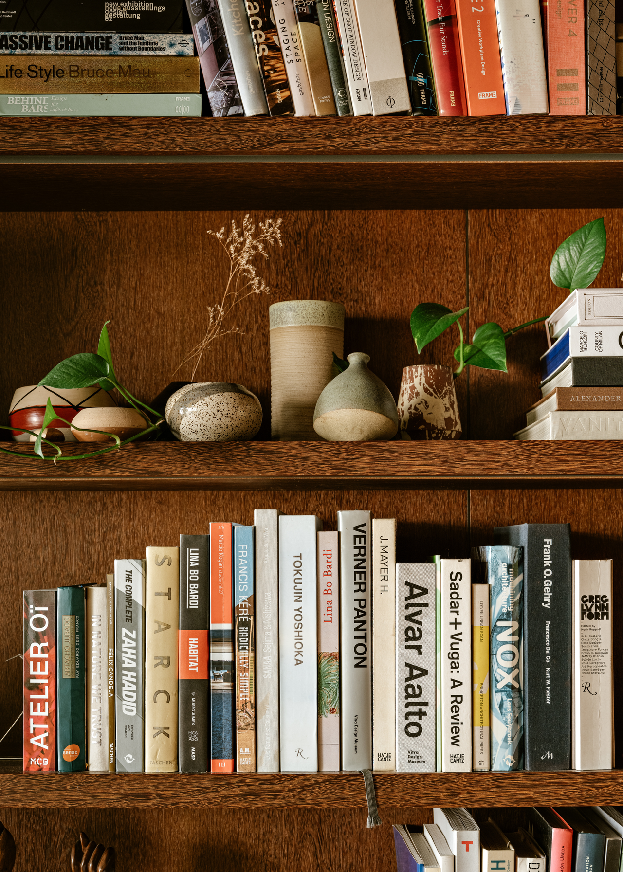 A close-up of a wood book shelf with books, decor and trailing plants