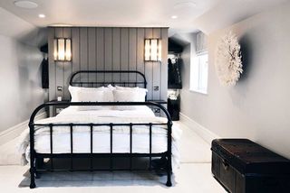 scandinavian style master bedroom suite metal bed timber wall cladding grey