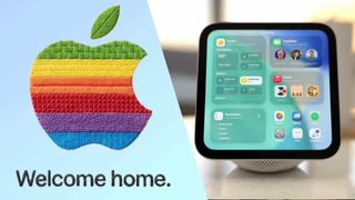 Apple Welcome Home logo and render of a HomePad