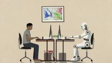 Male human worker sitting at a desk with humanoid robot worker sitting at desk opposite.