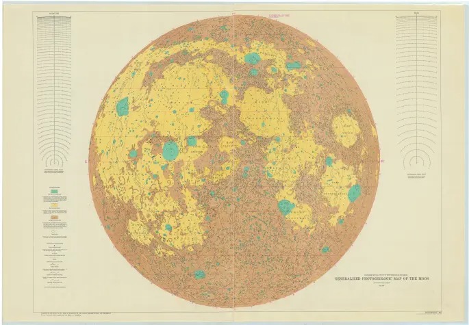 colored sketch of the moon showing highlands and lowlands in relief. explanatory text is available in tables
