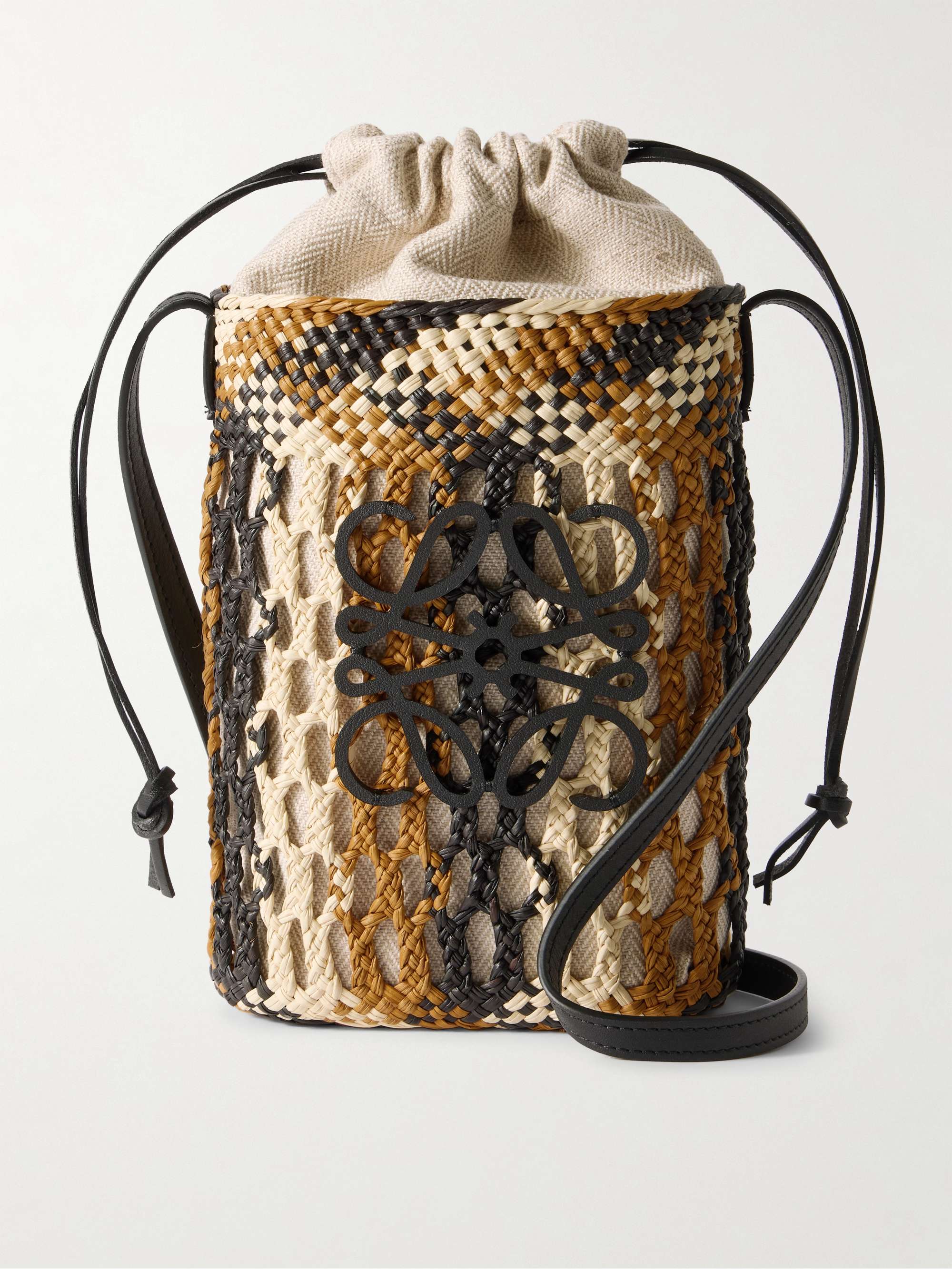 + Paula's Ibiza Anagram Leather-Trimmed Woven Raffia Bucket Bag