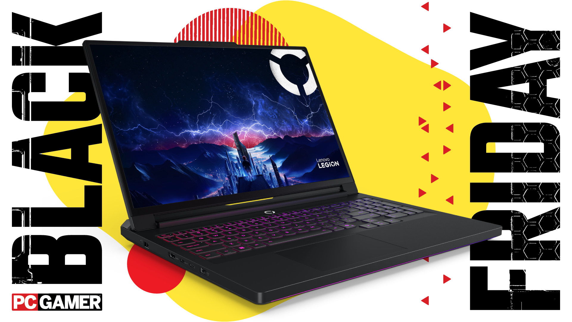 The Lenovo Legion 7i Gen 10 gaming laptop on a colorful Black Friday deals background, with the PC Gamer logo in the bottom right