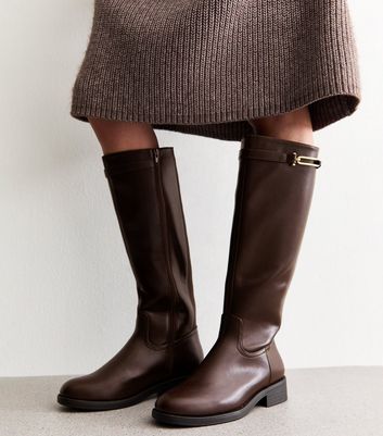 Wide Fit Brown Faux Leather Riding Look Knee High Boots