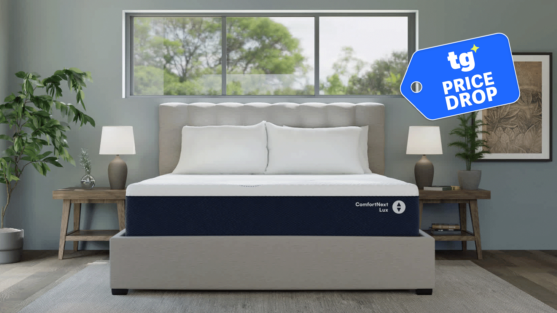 The Sleep Number ComfortNext Lux mattress on a bed frame in a bedroom, a Tom's Guide Price Drop deals graphic in the top right corner