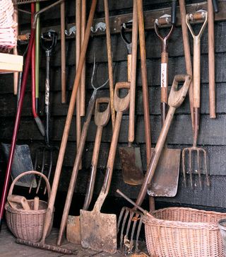 wooden shed with shovels and hoes
