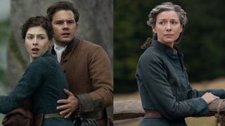 From left to right: Julia and Henry looking scared in Outlander: Blood of My Blood and Claire looking sad in Outlander. 