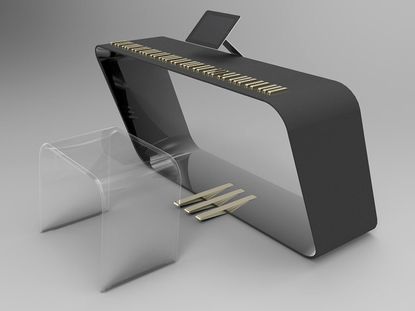 Black minimalist piano with transparent stool
