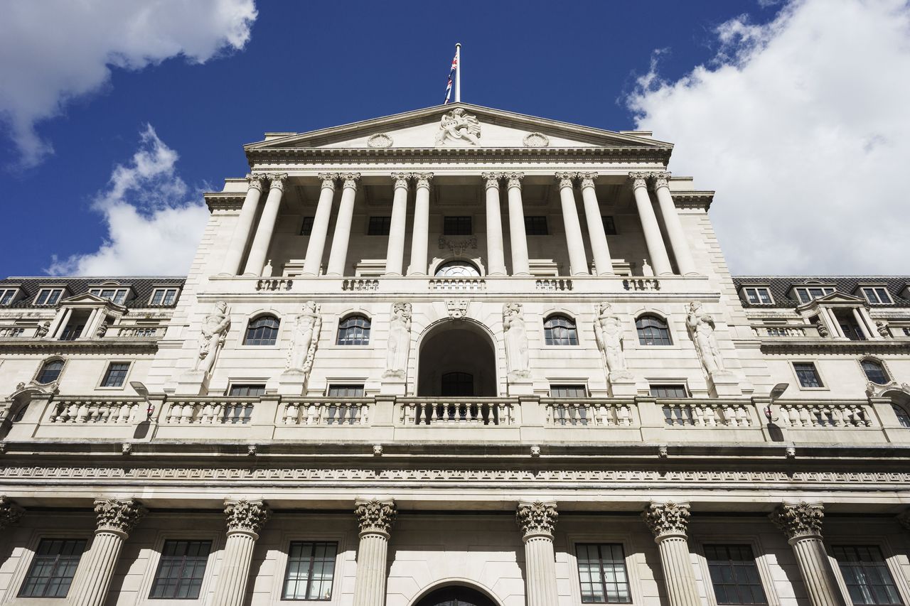 Low angle view of Bank of England on a bright sunny day