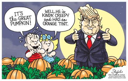 Political cartoon U.S. 2016 election Donald Trump Charlie Brown Great Pumpkin