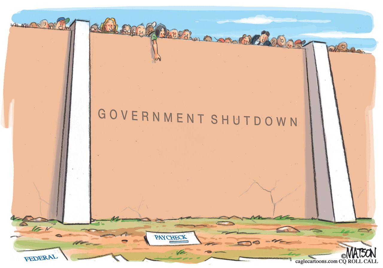 Political cartoon U.S. Trump wall government shutdown federal workers