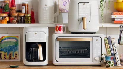 A kitchen counter with appliances.