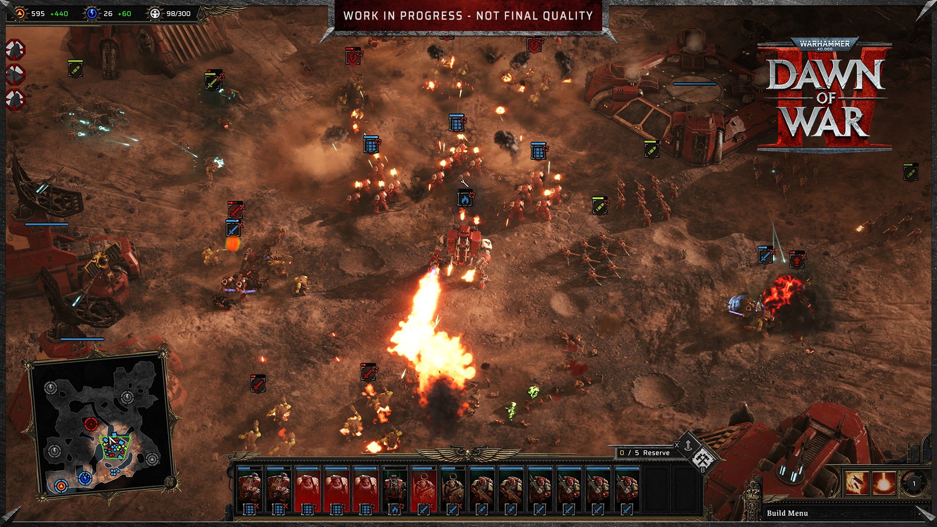 Blood Raven Space Marines, Adeptus Mechanics, and Orcs fight Orks in Warhammer 40,000: Dawn of War 4 on a rocky battlefield