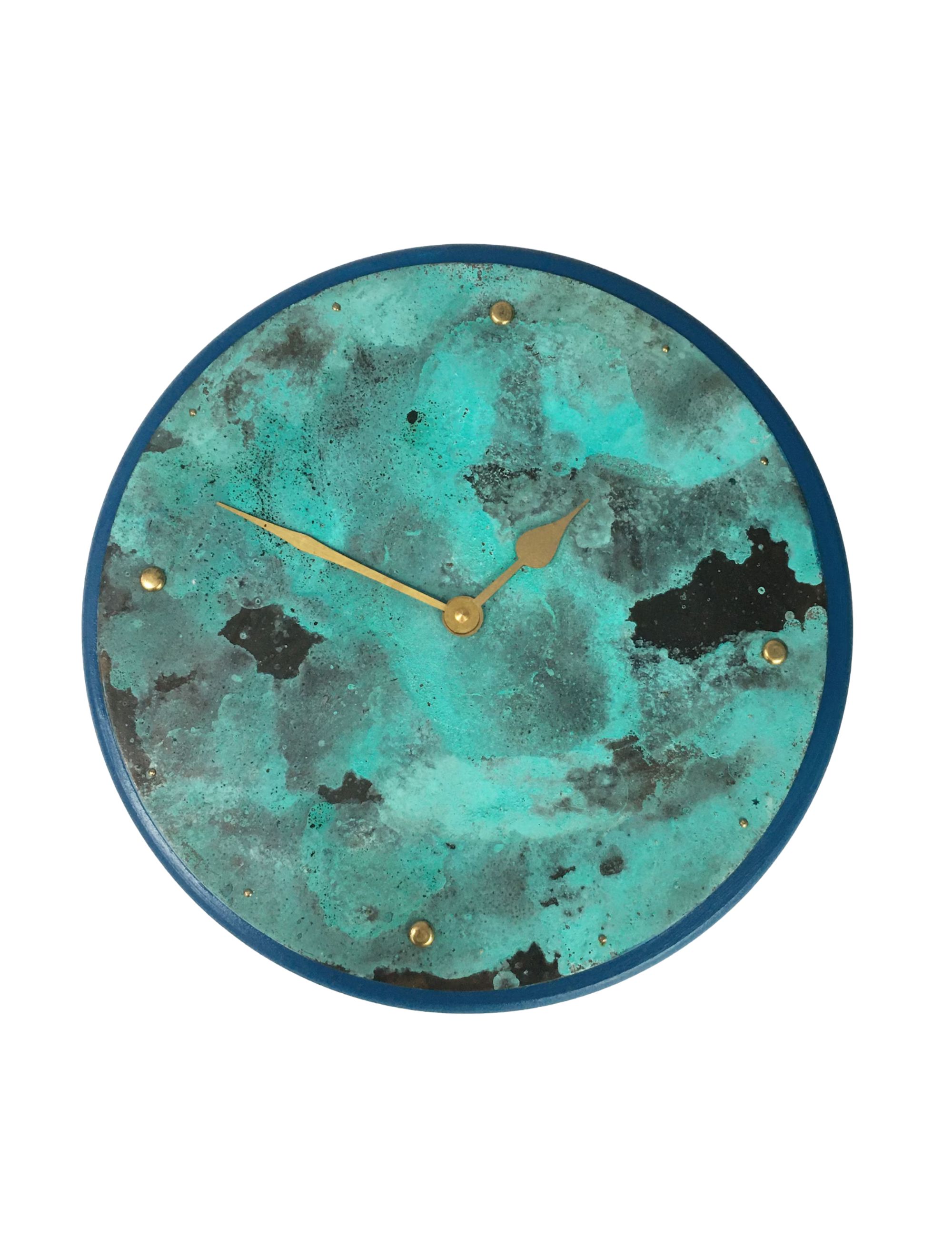 Large Verdigris Brass Wall Clock, Patinated Copper