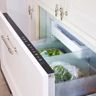 white freezer drawer with frozen food inside