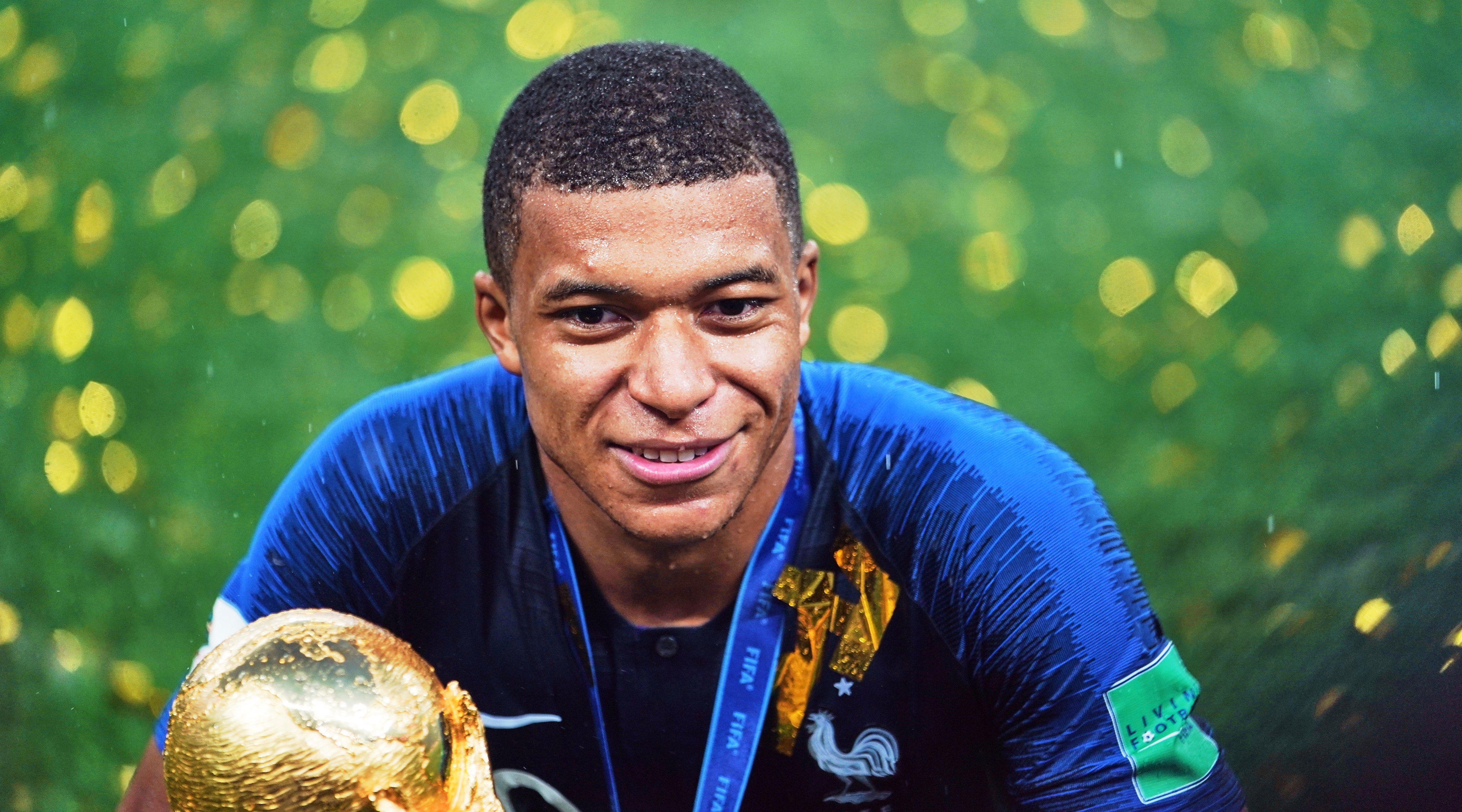 Kylian Mbappé with the world cup trophy the FIFA World Cup match France versus Croatia at Luzhniki Stadium, Moscow, Russia on July 15, 2018. (Photo by Ulrik Pedersen/NurPhoto via Getty Images)