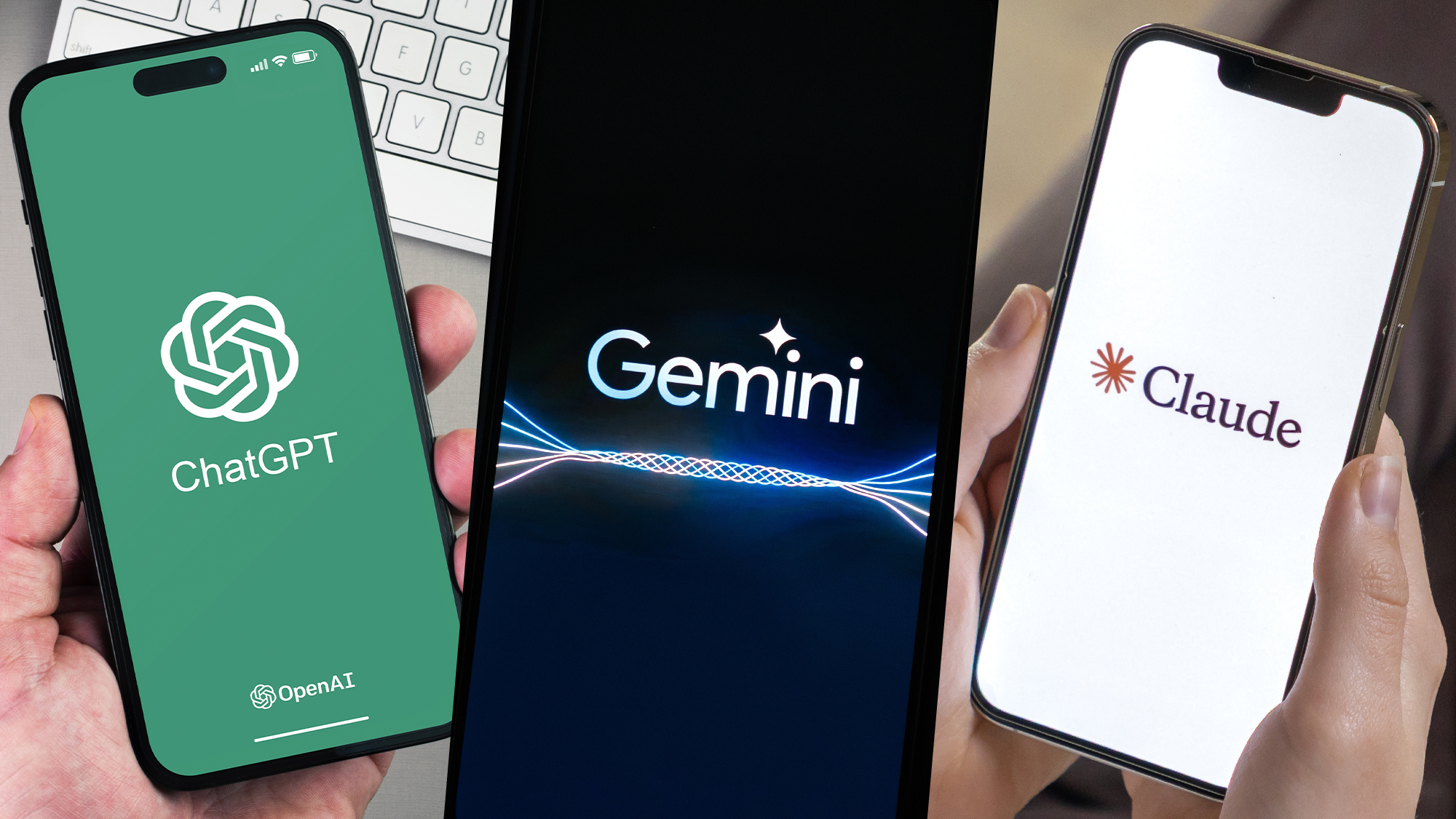 ChatGPT vs. Gemini vs. Claude logos on phones