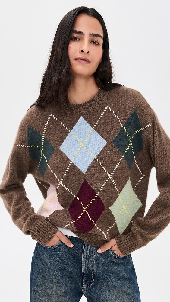 White + Warren Cashmere Argyle Crew Pullover