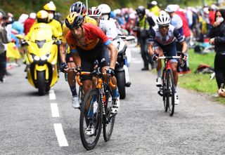 LARUNS FRANCE SEPTEMBER 06 Mikel Landa Meana of Spain and Team Bahrain Mclaren Richie Porte of Australia and Team Trek Segafredo Tadej Pogacar of Slovenia and UAE Team Emirates Breakaway during the 107th Tour de France 2020 Stage 9 a 153km stage from Pau to Laruns 495m TDF2020 LeTour on September 06 2020 in Laruns France Photo by Tim de WaeleGetty Images