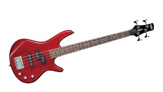 An Ibanez miKro GSRM20 bass guitar in red on a white background