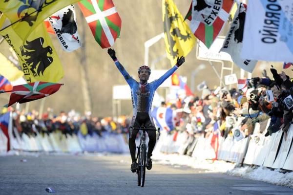 Zdenek Stybar enjoys the moment on the finishing straight.